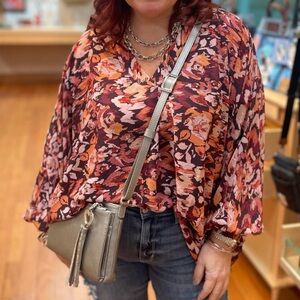 Emily Wonder Abstract Floral Long Sleeve Blouse – Size M/L Flowy Fit Romantic